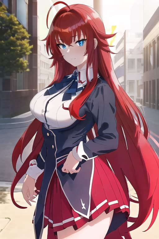  masterpiece, best quality, 1women, long red hair, looking at viewer, :3, cute, black school uniform, outdoors, streets, cowboy shot, curvy, (((blue eyes))), rias gremory, red hair, antenna hair, wavy hair, ((beautiful detailed eyes, beautiful detailed glow, lots of glow)), anime screencap