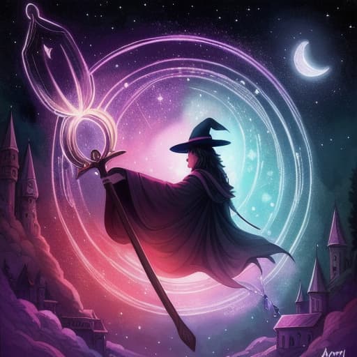  watercolor, storybook, Prompt: Imagine a nighttime scene in a charming village under a starry sky and a bright crescent moon. In the sky, flies the main character, a wizard named Adam on a red broomstick, creating a beautiful silhouette against the moon. Adam is depicted wearing a special purple hat—his magical hat that glows slightly hinting at its enchanting powers. Don't forget to add a silver star-shaped charm dangling from his hat—a thankful gift from a lady he helped earlier. The essential element in this ilration is Adam's magical map unfurled in his hands, with its illuminated lines delicately mystical locations. This magical map guides Adam in his journey to perform kind deeds. You can also hyperrealistic, full body, detailed clothing, highly detailed, cinematic lighting, stunningly beautiful, intricate, sharp focus, f/1. 8, 85mm, (centered image composition), (professionally color graded), ((bright soft diffused light)), volumetric fog, trending on instagram, trending on tumblr, HDR 4K, 8K