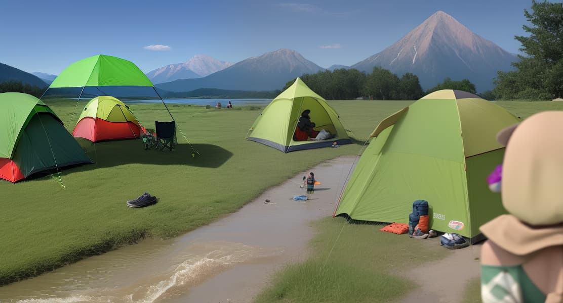  A group of people were camping on the grass with their backs to the mountain and their faces to the river.