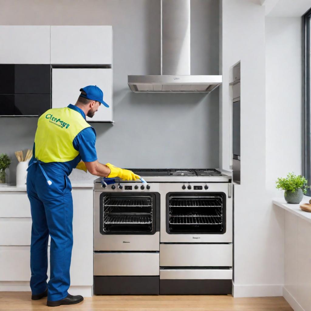  Create an image for social media post featuring a professional cleaner from Clynergi Group cleaning an oven. The cleaner should be in uniform, holding cleaning tools, and the oven should look spotless after the cleaning. Make sure the image has a positive, satisfying look, showing a before-and-after comparison where possible. Include the Clynergi Group logo subtly in the image to promote the brand. hyperrealistic, full body, detailed clothing, highly detailed, cinematic lighting, stunningly beautiful, intricate, sharp focus, f/1. 8, 85mm, (centered image composition), (professionally color graded), ((bright soft diffused light)), volumetric fog, trending on instagram, trending on tumblr, HDR 4K, 8K