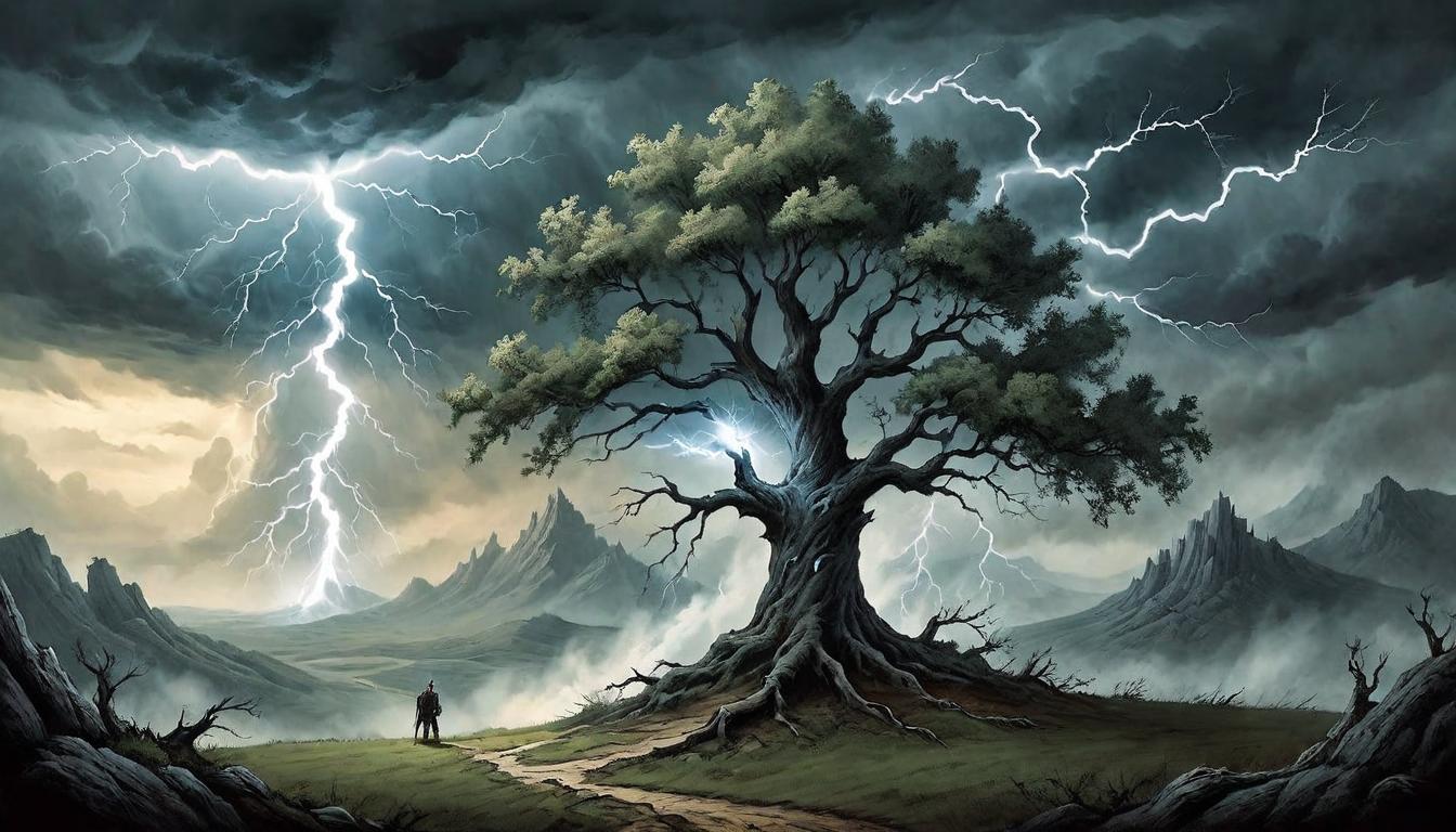  on parchment, surrealism+++, Lightning striking a solitary tree standing tall on a hill, embodiment of challenge and empowerment. Dramatic skyline, tree as symbol of resilience, the fury of nature as adversary.(mysterious, provocative, symbolic,muted color)+++