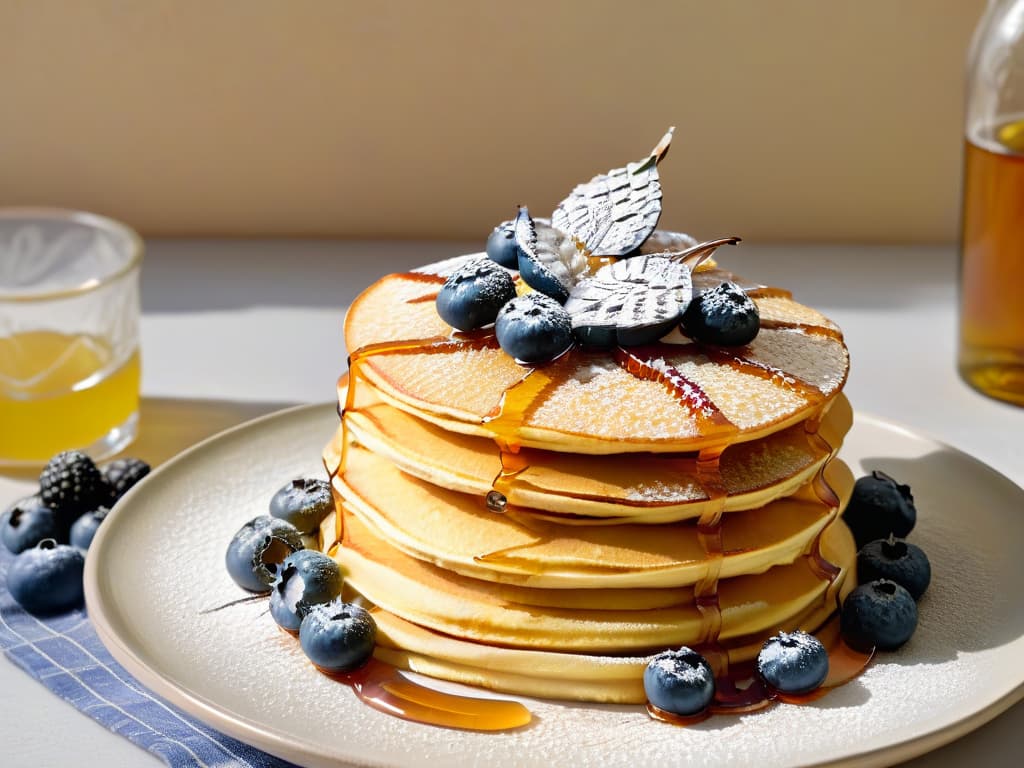  A closeup, photorealistic image of a beautifully drizzled spoonful of ambercolored agave syrup cascading smoothly over a stack of fluffy golden pancakes, garnished with fresh berries and a dusting of powdered sugar. The syrup glistens invitingly under a soft, natural light, highlighting its rich texture and organic origins, creating a mouthwatering visual representation of the balanced sweetness and natural allure of agave syrup. hyperrealistic, full body, detailed clothing, highly detailed, cinematic lighting, stunningly beautiful, intricate, sharp focus, f/1. 8, 85mm, (centered image composition), (professionally color graded), ((bright soft diffused light)), volumetric fog, trending on instagram, trending on tumblr, HDR 4K, 8K