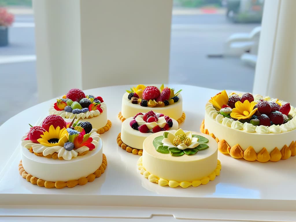  A highresolution image of a pristine, sleek white kitchen counter with an assortment of colorful and intricately decorated pastries arranged neatly on display. Each pastry is a miniature work of art, showcasing different techniques and designs, from delicate sugar flowers to intricate piping details. The soft natural light filtering in through a nearby window illuminates the pastries, highlighting their beauty and craftsmanship. The overall aesthetic is clean, elegant, and visually appealing, making it a perfect fit for a minimalistic design style. hyperrealistic, full body, detailed clothing, highly detailed, cinematic lighting, stunningly beautiful, intricate, sharp focus, f/1. 8, 85mm, (centered image composition), (professionally color graded), ((bright soft diffused light)), volumetric fog, trending on instagram, trending on tumblr, HDR 4K, 8K