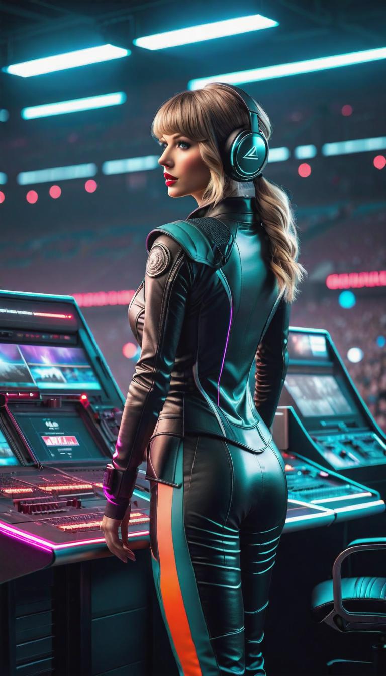  Cyberpunk style depiction of Taylor Swift as a sports reporter . The scene is set in a world where technology has advanced, but society and human conditions have not, creating a gritty, dystopian atmosphere. hyperrealistic, full body, detailed clothing, highly detailed, cinematic lighting, stunningly beautiful, intricate, sharp focus, f/1. 8, 85mm, (centered image composition), (professionally color graded), ((bright soft diffused light)), volumetric fog, trending on instagram, trending on tumblr, HDR 4K, 8K