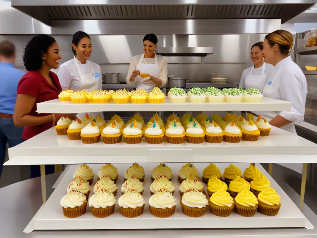  A photorealistic image of a diverse group of people of different ages and backgrounds, happily decorating colorful glutenfree cupcakes in a modern and bright bakery kitchen. The image showcases a variety of piping bags, sprinkles, and icing techniques, with focus on the intricate details of the glutenfree treats being created. The atmosphere is warm and inviting, with soft natural lighting enhancing the vibrant colors of the decorations and ingredients. hyperrealistic, full body, detailed clothing, highly detailed, cinematic lighting, stunningly beautiful, intricate, sharp focus, f/1. 8, 85mm, (centered image composition), (professionally color graded), ((bright soft diffused light)), volumetric fog, trending on instagram, trending on tumblr, HDR 4K, 8K