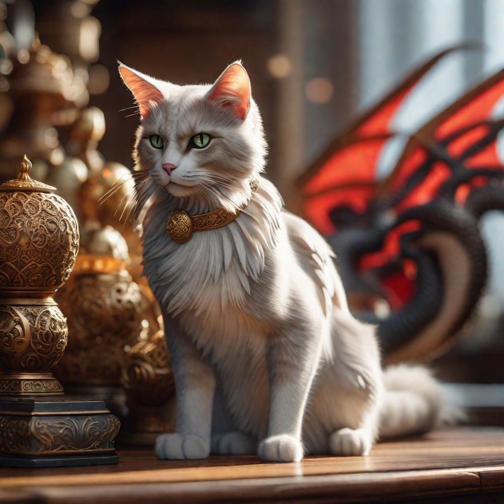  a cat that is really a dragon in disguise hyperrealistic, full body, detailed clothing, highly detailed, cinematic lighting, stunningly beautiful, intricate, sharp focus, f/1. 8, 85mm, (centered image composition), (professionally color graded), ((bright soft diffused light)), volumetric fog, trending on instagram, trending on tumblr, HDR 4K, 8K