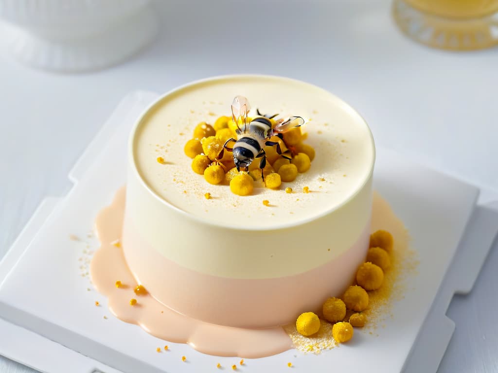  A closeup, ultradetailed image of golden bee pollen granules delicately sprinkled on top of a creamy, pastel pink rosewaterinfused panna cotta in a crystalclear glass dessert cup. The bee pollen glistens under soft, natural lighting, showcasing its intricate texture and reflecting the subtle hues of the dessert. The smooth surface of the panna cotta contrasts with the textured pollen, creating a visually striking composition that exudes elegance and sophistication. hyperrealistic, full body, detailed clothing, highly detailed, cinematic lighting, stunningly beautiful, intricate, sharp focus, f/1. 8, 85mm, (centered image composition), (professionally color graded), ((bright soft diffused light)), volumetric fog, trending on instagram, trending on tumblr, HDR 4K, 8K