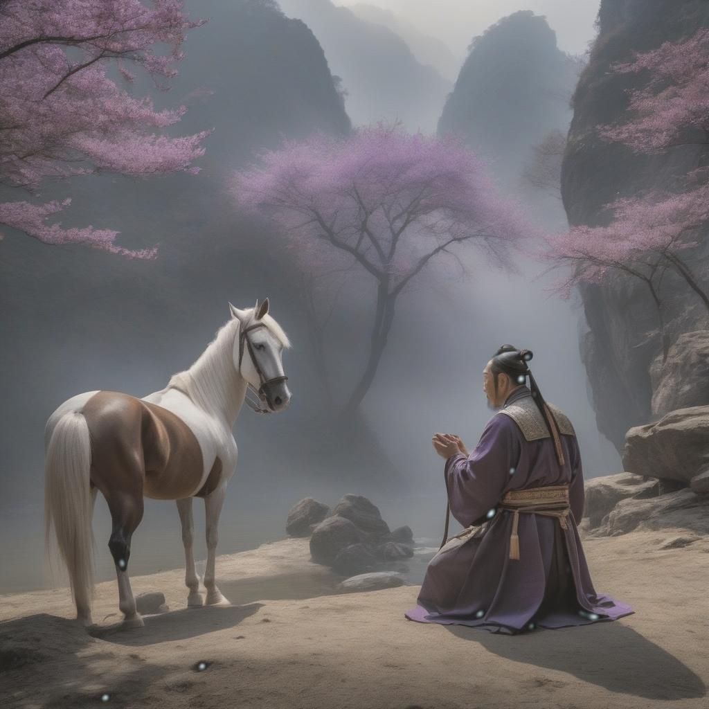  During the Han Dynasty, the elders of the six clans gathered by the riverbank and began to think about finding a suitable person for the position of the ruler. They climbed a hill and saw by Mount Yan Shan a group of water vapor gathering and a horse kneeling and kneeling before something. They approached and discovered a large purple egg before the horse. [ Surprisingly, even that same horse could kneel down and kneel before something.] hyperrealistic, full body, detailed clothing, highly detailed, cinematic lighting, stunningly beautiful, intricate, sharp focus, f/1. 8, 85mm, (centered image composition), (professionally color graded), ((bright soft diffused light)), volumetric fog, trending on instagram, trending on tumblr, HDR 4K, 8K