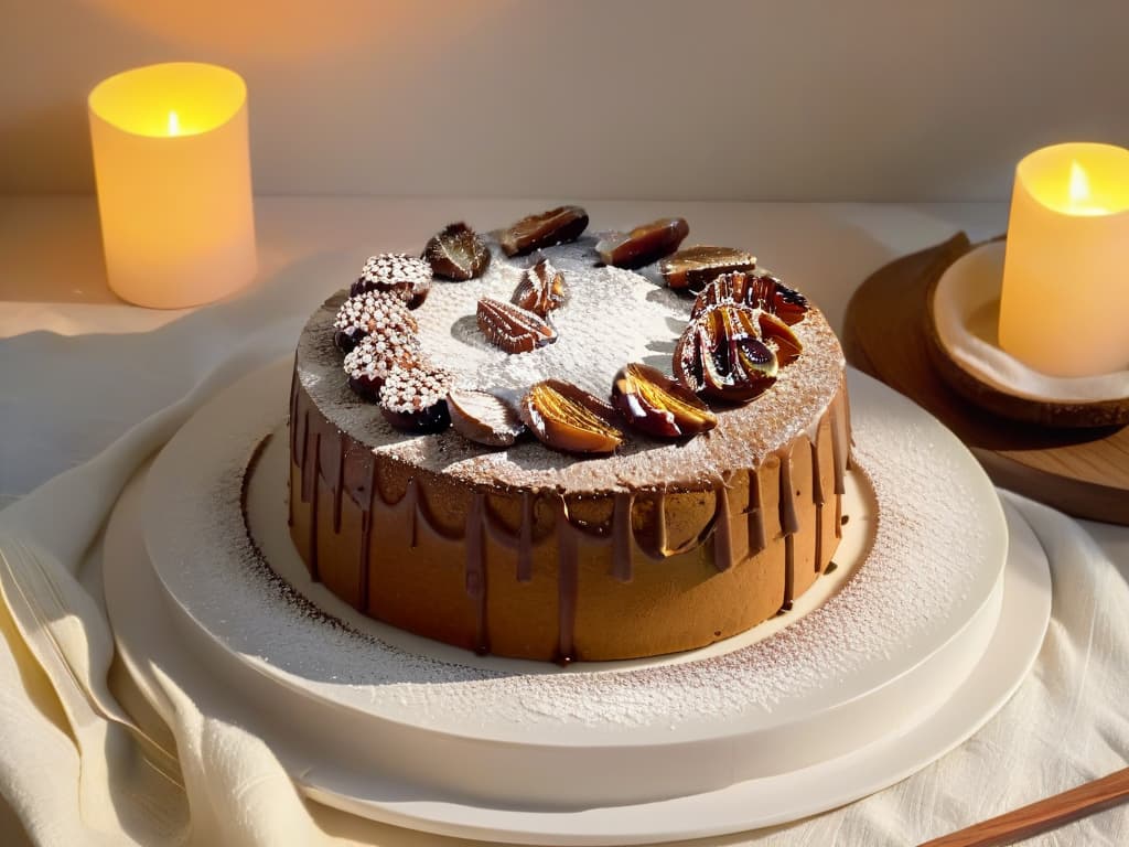  An elegant, minimalistic image of a decadent date and walnut cake, beautifully garnished with a sprinkle of powdered sugar and a few fresh dates on top. The cake sits on a sleek white plate, set against a soft, blurred background that highlights the rich texture and warm tones of the dessert. The lighting is soft, casting gentle shadows that accentuate the layers of the cake and the natural sweetness of the dates. hyperrealistic, full body, detailed clothing, highly detailed, cinematic lighting, stunningly beautiful, intricate, sharp focus, f/1. 8, 85mm, (centered image composition), (professionally color graded), ((bright soft diffused light)), volumetric fog, trending on instagram, trending on tumblr, HDR 4K, 8K