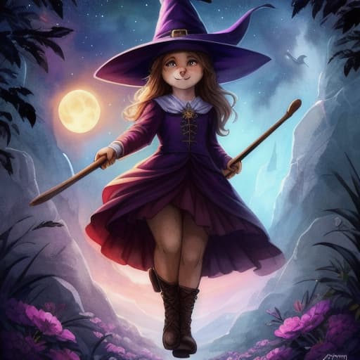  watercolor, storybook, child-book, witch, A girl in a purple hat happily flying on a red broomstick with animals riding along, under a bright yellow moon and stars, characters include: girl in purple hat, red broomstick, animals, yellow moon, stars, best quality, very detailed, high resolution, sharp, sharp image hyperrealistic, full body, detailed clothing, highly detailed, cinematic lighting, stunningly beautiful, intricate, sharp focus, f/1. 8, 85mm, (centered image composition), (professionally color graded), ((bright soft diffused light)), volumetric fog, trending on instagram, trending on tumblr, HDR 4K, 8K