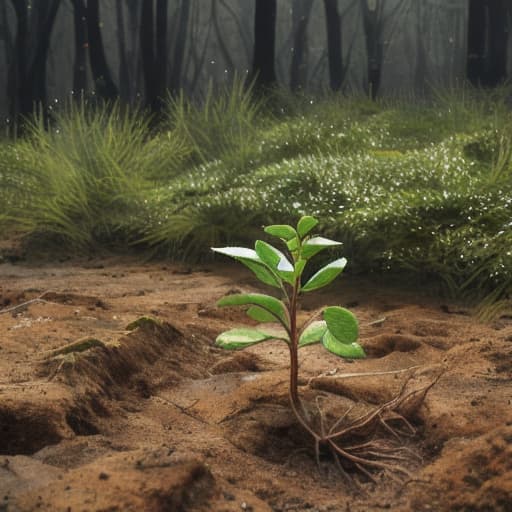  A small plant peeking out from under the dirt hyperrealistic, full body, detailed clothing, highly detailed, cinematic lighting, stunningly beautiful, intricate, sharp focus, f/1. 8, 85mm, (centered image composition), (professionally color graded), ((bright soft diffused light)), volumetric fog, trending on instagram, trending on tumblr, HDR 4K, 8K