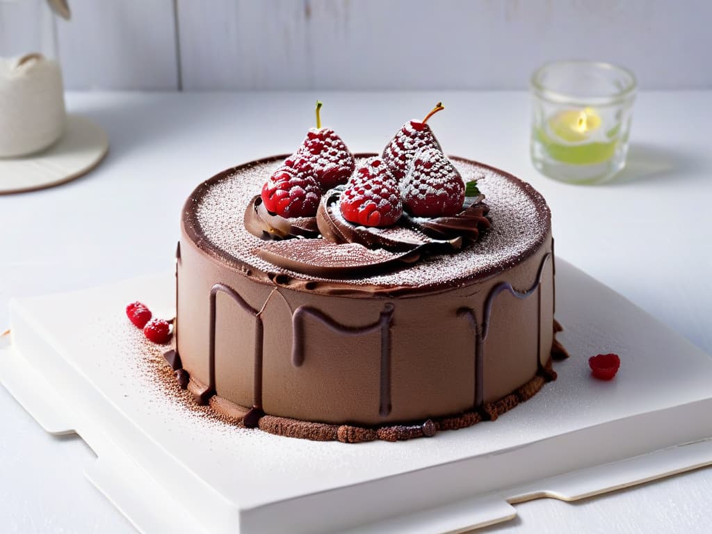  A minimalist image of a perfectly sliced, decadent chocolate avocado mousse cake topped with fresh raspberries, dusted with a light sprinkle of cocoa powder, set on a sleek white plate with a modern silver fork beside it. The cake is elegantly garnished with a single mint leaf, showcasing its rich texture and inviting presentation. The soft natural lighting enhances the glossy finish of the dessert, creating a visually appealing and appetizing composition. hyperrealistic, full body, detailed clothing, highly detailed, cinematic lighting, stunningly beautiful, intricate, sharp focus, f/1. 8, 85mm, (centered image composition), (professionally color graded), ((bright soft diffused light)), volumetric fog, trending on instagram, trending on tumblr, HDR 4K, 8K