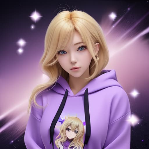  anime woman with blondish hair, wearing a purple hoodie, with magical sparkles in the air