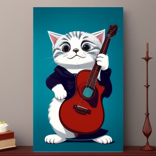  printdesign, in PrintDesign Style, Cute kitten playing a guitar , close up