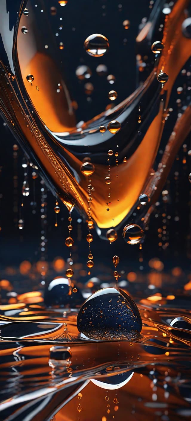  (realism style), water droplets are spread out on the floor and dark background, in the style of filip hodas, dark navy and orange, chrome reflections, josh adamski, harmonious color schemes, modern jewelry, uhd image