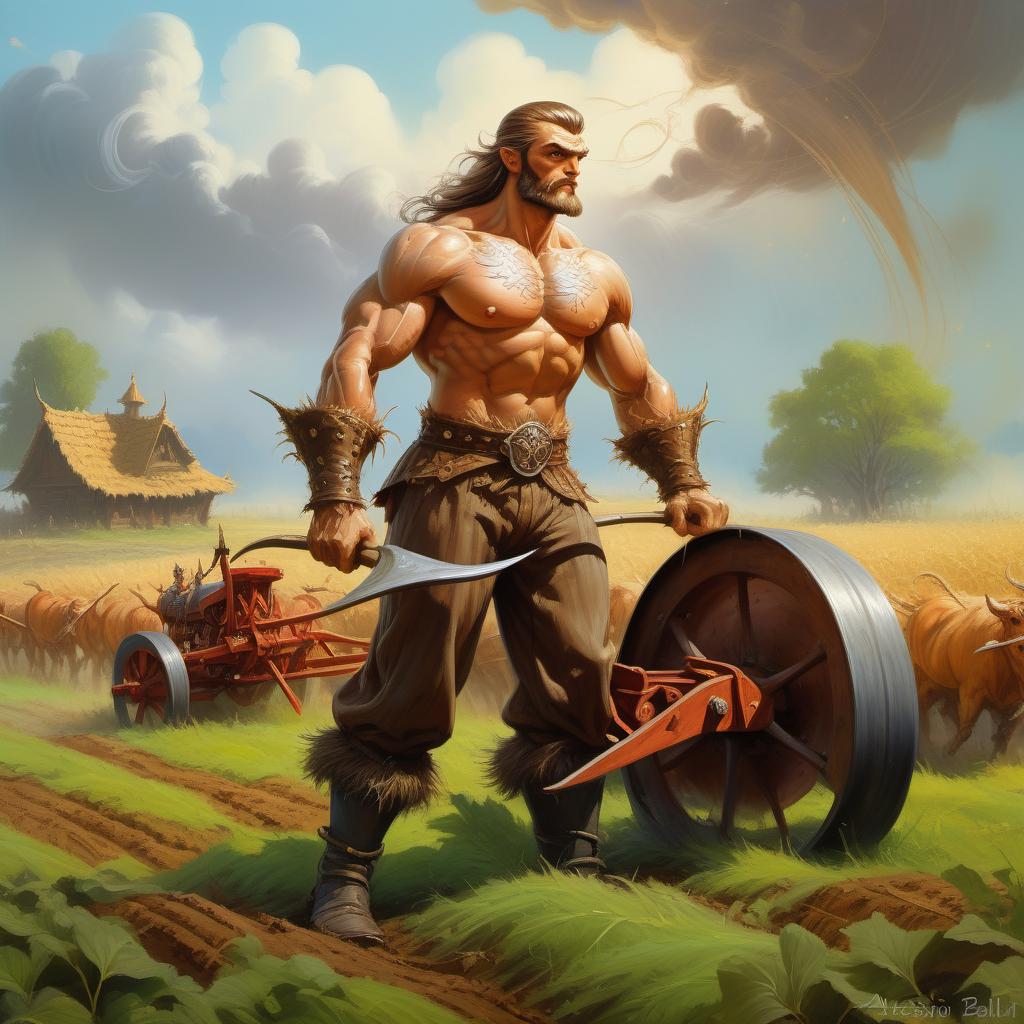  fairy tale Slavic hero in shirt and pants plows a field with a plow, 8K photos, Alessio Balbi, sakimichan Frank frazetta, detailed airbrush drawing, hand-painted on . magical, fantastical, enchanting, storybook style, highly detailed