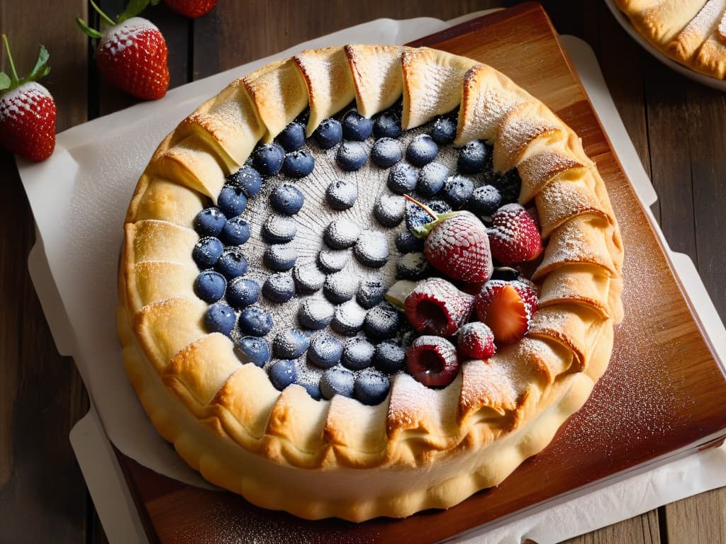  A closeup, ultrahighresolution image of a freshly baked Aussie Meat Pie with a golden, flaky crust, dusted with a light sprinkle of powdered sugar. The pie is set on a rustic wooden table, surrounded by a selection of fresh berries like strawberries, blueberries, and raspberries. The warm, inviting colors and intricate details of the pie's texture are prominently featured, showcasing the delicious combination of savory meat filling and sweet dessert elements. The image conveys a perfect balance of flavors and textures, enticing the viewer to indulge in this unique culinary creation. hyperrealistic, full body, detailed clothing, highly detailed, cinematic lighting, stunningly beautiful, intricate, sharp focus, f/1. 8, 85mm, (centered image composition), (professionally color graded), ((bright soft diffused light)), volumetric fog, trending on instagram, trending on tumblr, HDR 4K, 8K