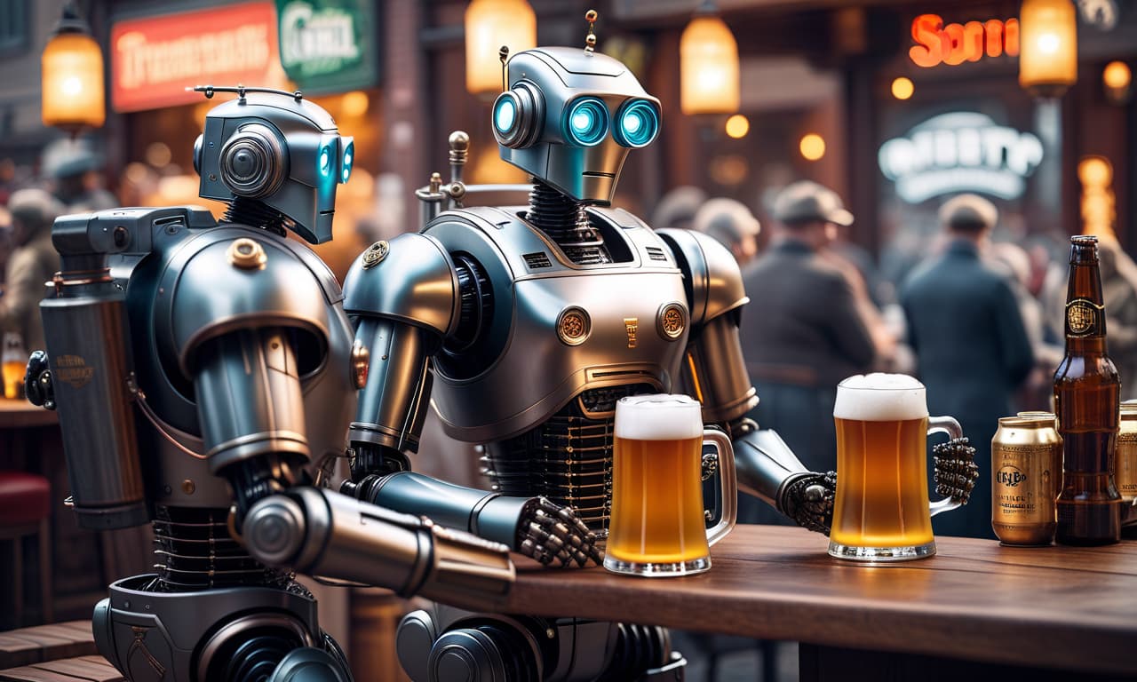  Merry robots with beer hyperrealistic, full body, detailed clothing, highly detailed, cinematic lighting, stunningly beautiful, intricate, sharp focus, f/1. 8, 85mm, (centered image composition), (professionally color graded), ((bright soft diffused light)), volumetric fog, trending on instagram, trending on tumblr, HDR 4K, 8K