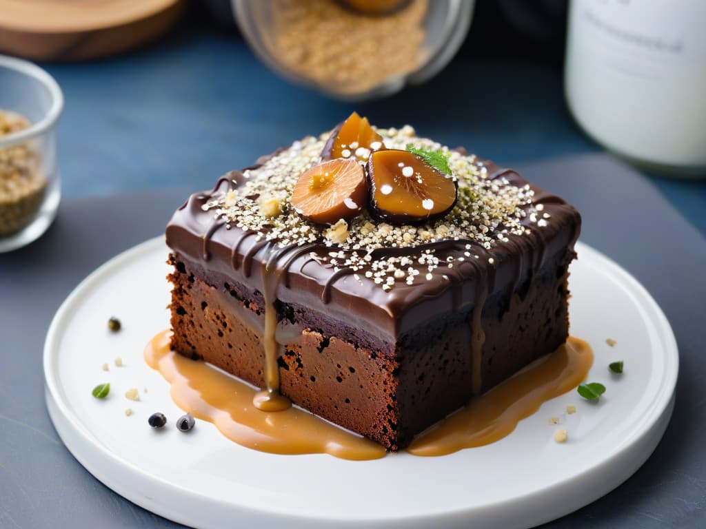  A closeup, highresolution image of a decadent chocolate hemp protein brownie topped with a drizzle of creamy hemp proteininfused caramel sauce, sprinkled with crushed hemp seeds for an extra crunch. The brownie sits on a sleek, modern white plate, against a soft blurred background that highlights the rich texture and glossy finish of the dessert. hyperrealistic, full body, detailed clothing, highly detailed, cinematic lighting, stunningly beautiful, intricate, sharp focus, f/1. 8, 85mm, (centered image composition), (professionally color graded), ((bright soft diffused light)), volumetric fog, trending on instagram, trending on tumblr, HDR 4K, 8K