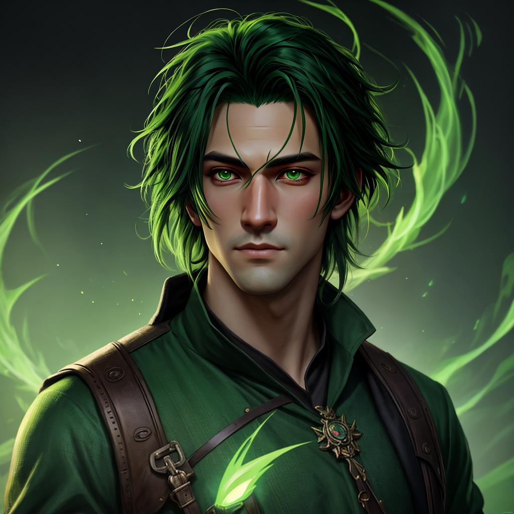  with the enchanting style of Disney, a highly detailed portrait of a man with dark green hair and green glowing eyes, high detail clothing, concept art, anime, artstation, professional