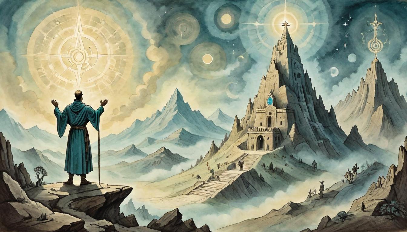  on parchment, surrealism+++, human figure atop a mystical mountain peak, hands raised in worship, surrounded by symbols of light, reptilian figure at the base of the mountain, solemn, divine, intentional(mysterious, provocative, symbolic,muted color)+++