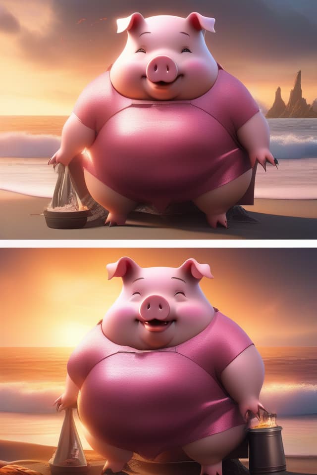  extremely obese girl、pink colored hair、((bright deep pink colored drooping pig's ears:1.4、ultra detailed plump & fat face sweaty smile:1.4、ultra detailed shiny black skin:1.4))、(((on the beach:1.4、barbecue:1.4)))、(、eating a lot of barbecue)、dutch angle、best quality:1.4、masterpiece:1.4、ultra detailed texture、RAW photorealistic、absurd resolution、8K illustration、💩、💩、💩、💩、💩 hyperrealistic, full body, detailed clothing, highly detailed, cinematic lighting, stunningly beautiful, intricate, sharp focus, f/1. 8, 85mm, (centered image composition), (professionally color graded), ((bright soft diffused light)), volumetric fog, trending on instagram, trending on tumblr, HDR 4K, 8K