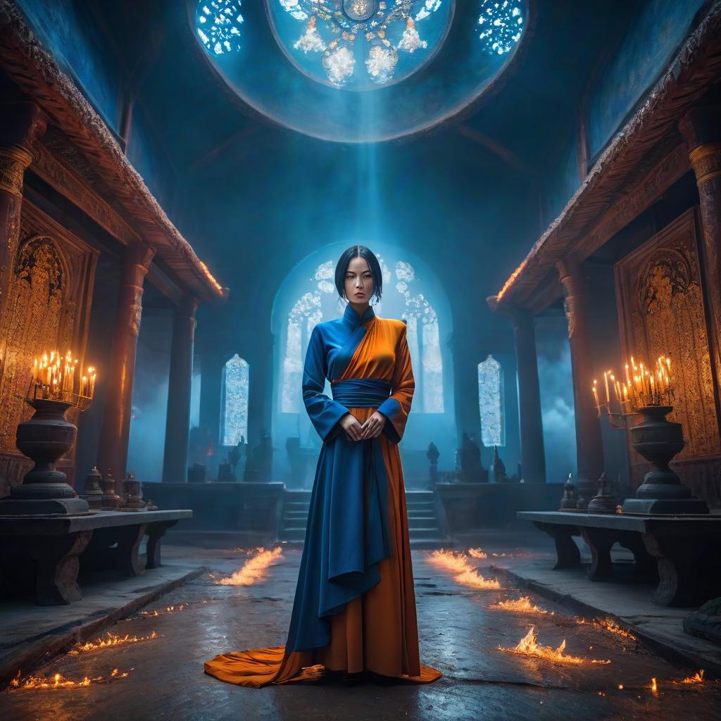  A single girl in a monk's garment stands in the fiery magical blue battlefield, staring at the frame with horror. hyperrealistic, full body, detailed clothing, highly detailed, cinematic lighting, stunningly beautiful, intricate, sharp focus, f/1. 8, 85mm, (centered image composition), (professionally color graded), ((bright soft diffused light)), volumetric fog, trending on instagram, trending on tumblr, HDR 4K, 8K