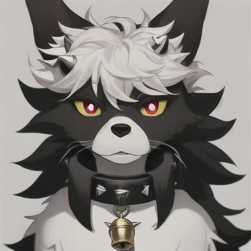  a furry with black fur, four eyes, red pupils and yellow eyes, big ears and a spiked collar with a white bell on it