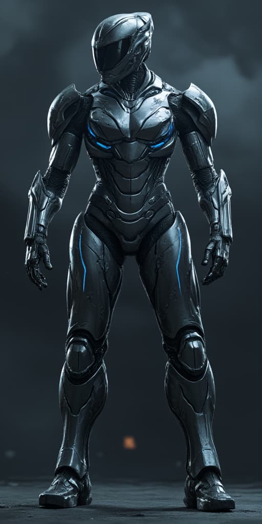  good quality, high quality, side view of an ideal robot soldier, showcasing a sleek and futuristic design. the robot is equipped with advanced, high tech armor that seamlessly integrates weapons and sensors. the body is streamlined with metallic plating, reinforced joints, and glowing blue accents that suggest energy and power. the head is helmet like with a visor that displays data, and the arms are muscular with built in weaponry. the environment is a high tech battlefield with a dark, moody atmosphere, and the robot stands in a ready position, exuding strength and precision.