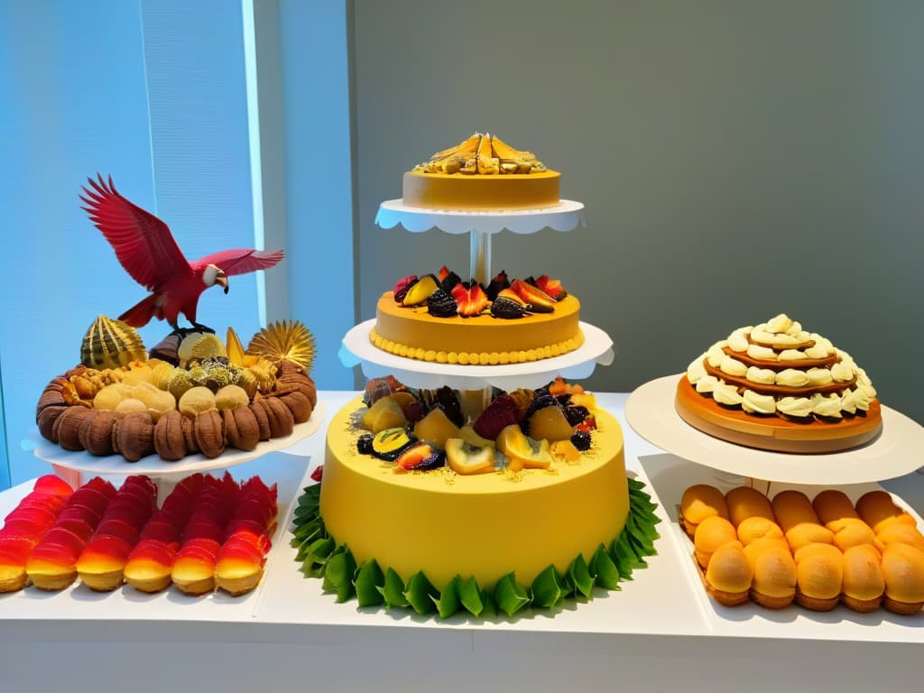  A photorealistic image of a vibrant and diverse dessert table at an exotic flavors pastry festival. The table is elegantly decorated with an array of colorful pastries from around the world, showcasing a fusion of unique and exotic ingredients. Each dessert is intricately crafted and beautifully presented, inviting viewers to explore the rich and diverse world of exotic pastry flavors. hyperrealistic, full body, detailed clothing, highly detailed, cinematic lighting, stunningly beautiful, intricate, sharp focus, f/1. 8, 85mm, (centered image composition), (professionally color graded), ((bright soft diffused light)), volumetric fog, trending on instagram, trending on tumblr, HDR 4K, 8K