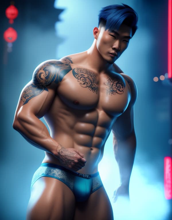  muscle, tattooed Chinese beautiful boy with white lace and blue hair, lifting his in river， whole dorsal body，chest hair hyperrealistic, full body, detailed clothing, highly detailed, cinematic lighting, stunningly beautiful, intricate, sharp focus, f/1. 8, 85mm, (centered image composition), (professionally color graded), ((bright soft diffused light)), volumetric fog, trending on instagram, trending on tumblr, HDR 4K, 8K