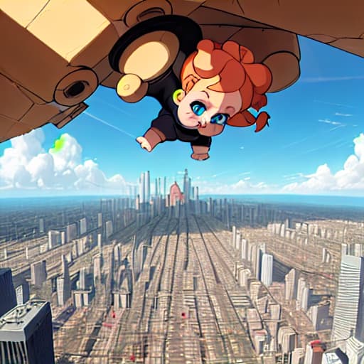  a giant baby destroing a city in the caos in a Sunny day