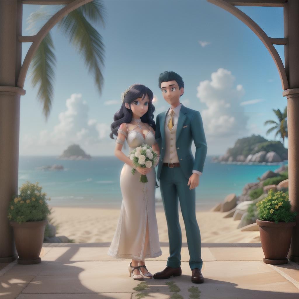  anime groom and his wife Romantic place with sunshine at the beach hyperrealistic, full body, detailed clothing, highly detailed, cinematic lighting, stunningly beautiful, intricate, sharp focus, f/1. 8, 85mm, (centered image composition), (professionally color graded), ((bright soft diffused light)), volumetric fog, trending on instagram, trending on tumblr, HDR 4K, 8K