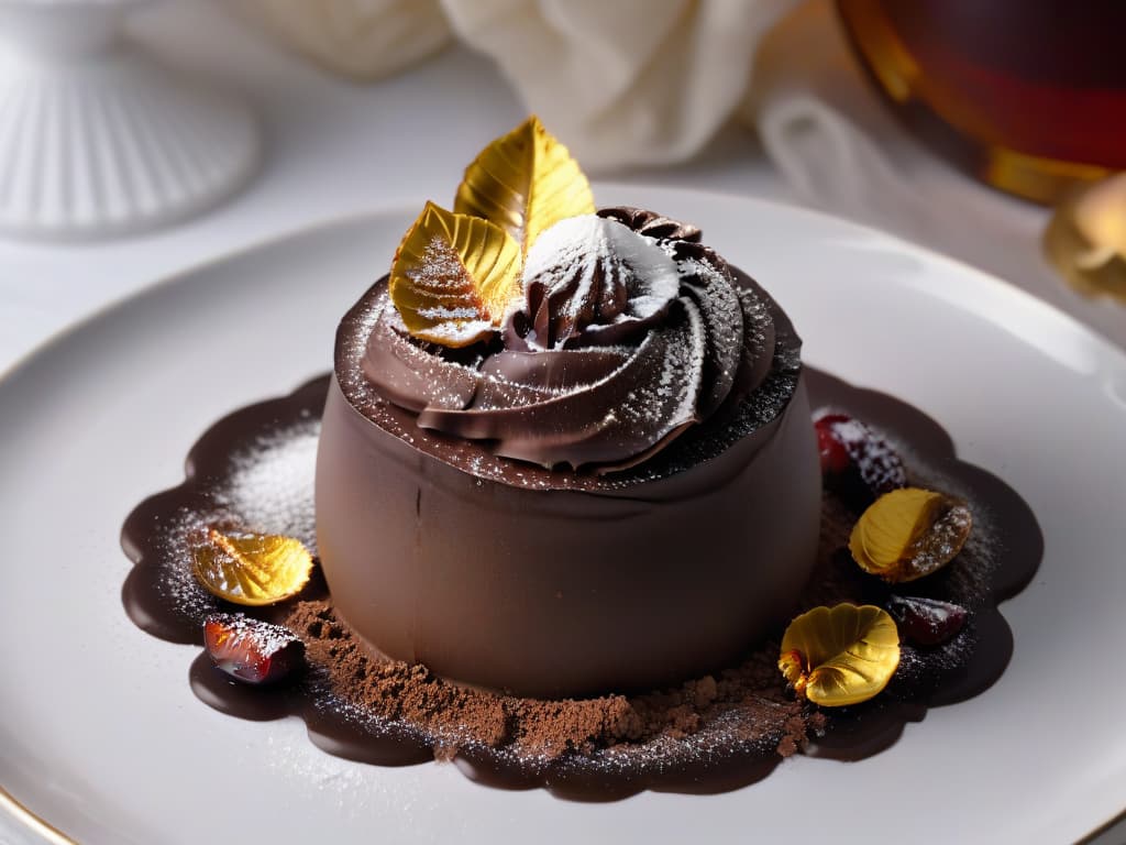  An ultradetailed, 8k image of a decadent chocolate truffle infused with cherry liqueur, dusted with edible gold flakes, and elegantly presented on a sleek, matte black plate. The truffle is perfectly round, showcasing a glossy sheen and a delicate sprinkle of cocoa powder. The background is a soft focus, enhancing the minimalistic and luxurious feel of the dessert. hyperrealistic, full body, detailed clothing, highly detailed, cinematic lighting, stunningly beautiful, intricate, sharp focus, f/1. 8, 85mm, (centered image composition), (professionally color graded), ((bright soft diffused light)), volumetric fog, trending on instagram, trending on tumblr, HDR 4K, 8K