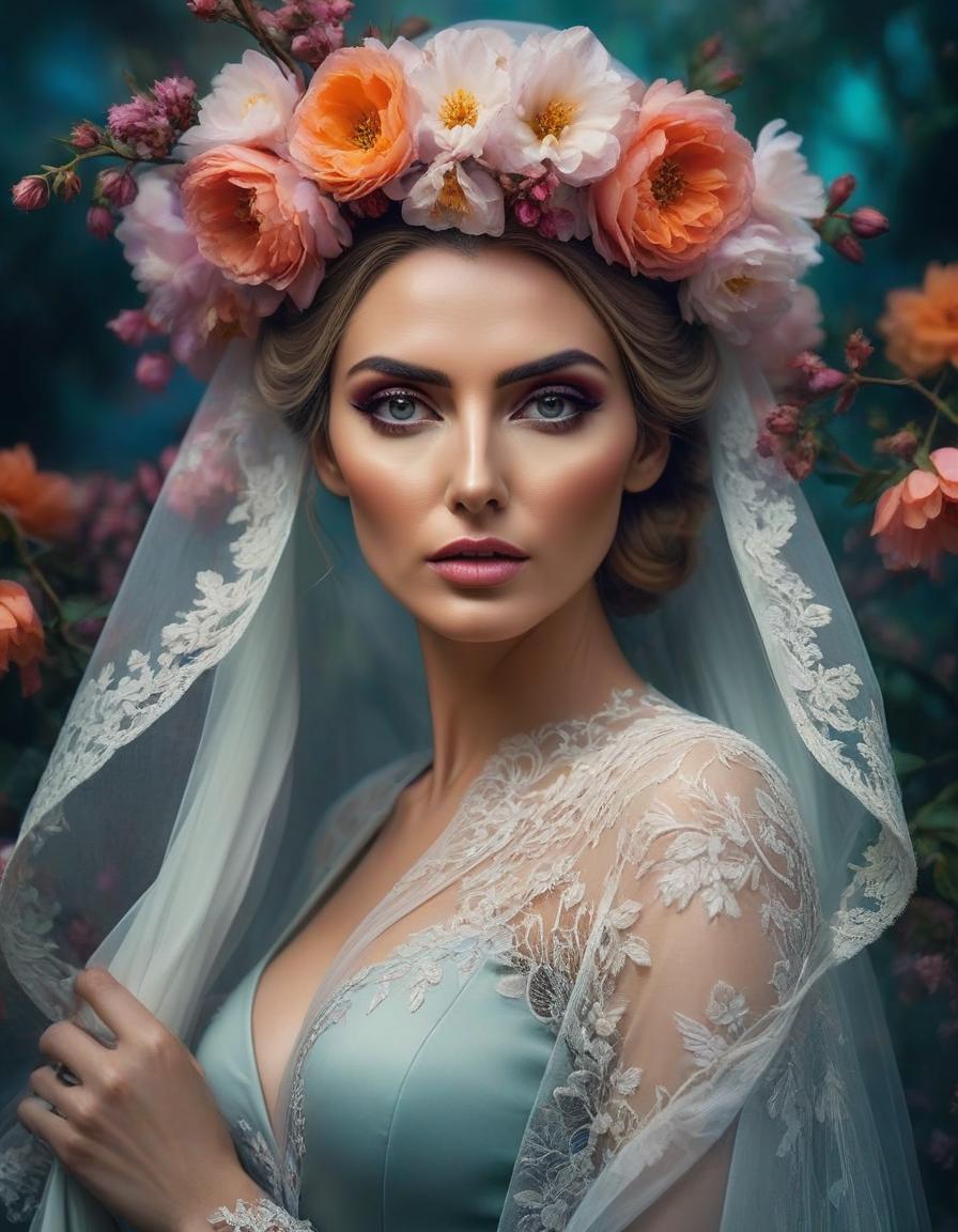  expressionist A portrait of a woman with flowers in her hair, intense eyes, surrounded by a veil and ethereal blossoms. . raw, emotional, dynamic, distortion for emotional effect, vibrant, use of unusual colors, detailed hyperrealistic, full body, detailed clothing, highly detailed, cinematic lighting, stunningly beautiful, intricate, sharp focus, f/1. 8, 85mm, (centered image composition), (professionally color graded), ((bright soft diffused light)), volumetric fog, trending on instagram, trending on tumblr, HDR 4K, 8K