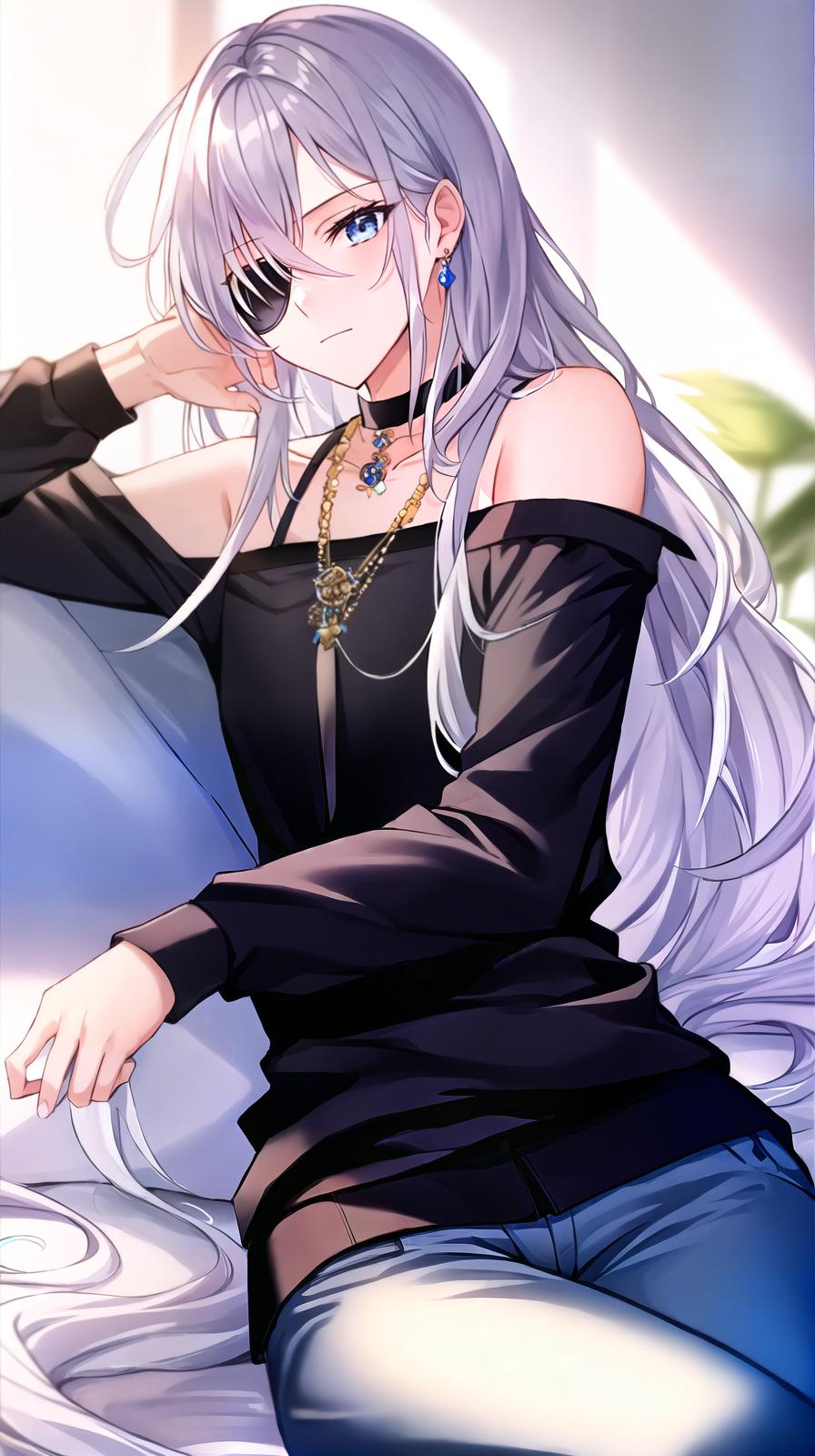  ((((masterpiece)))), best quality, very_high_resolution, ultra-detailed, in-frame, handsome, soft, young, silver hair, blue eyes, shoulder-length hair, half-up hairstyle, T-shirt, slim pants, blue (for the top), black (for the bottom), eye patch on the right side, prince-like, beautiful eyelashes