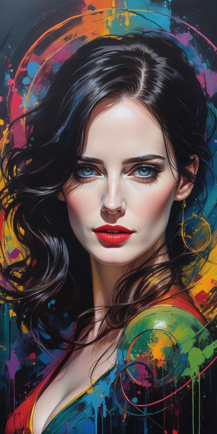  abstract expressionist painting abstraction, intertwining circles on a dark background, dissolving into the face of young Eva Green, 8K quality, many details, close up. . energetic brushwork, bold colors, abstract forms, expressive, emotional hyperrealistic, full body, detailed clothing, highly detailed, cinematic lighting, stunningly beautiful, intricate, sharp focus, f/1. 8, 85mm, (centered image composition), (professionally color graded), ((bright soft diffused light)), volumetric fog, trending on instagram, trending on tumblr, HDR 4K, 8K