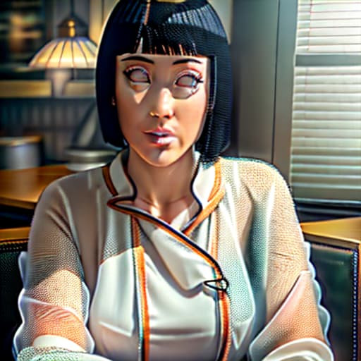  portrait of hinata hyuga sitting in restaurant hyperrealistic, full body, detailed clothing, highly detailed, cinematic lighting, stunningly beautiful, intricate, sharp focus, f/1. 8, 85mm, (centered image composition), (professionally color graded), ((bright soft diffused light)), volumetric fog, trending on instagram, trending on tumblr, HDR 4K, 8K