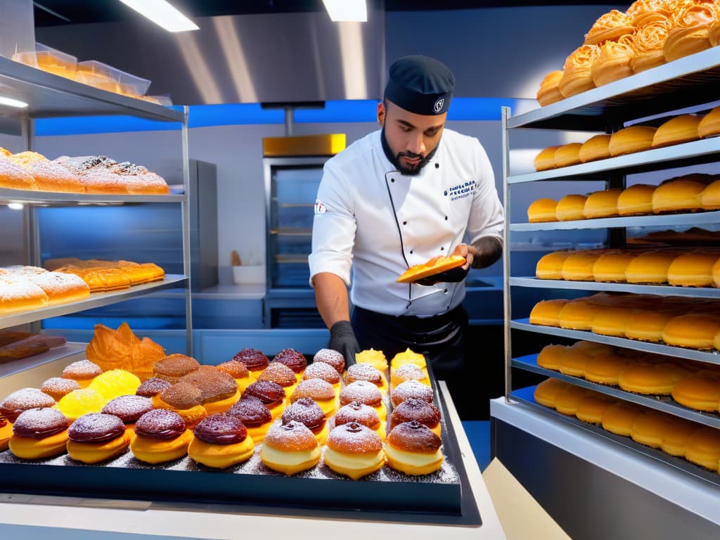  A photorealistic image of Dominique Ansel meticulously crafting a Cronut in his innovative bakery, surrounded by a variety of colorful, mouthwatering pastries. The scene captures the precision and creativity of Ansel's pastrymaking process, with intricate details such as the gleaming countertops, specialized tools, and a mesmerizing array of ingredients in the background. The lighting highlights the textures and vibrant hues of the pastries, inviting the viewer to step into the world of culinary artistry and innovation. hyperrealistic, full body, detailed clothing, highly detailed, cinematic lighting, stunningly beautiful, intricate, sharp focus, f/1. 8, 85mm, (centered image composition), (professionally color graded), ((bright soft diffused light)), volumetric fog, trending on instagram, trending on tumblr, HDR 4K, 8K