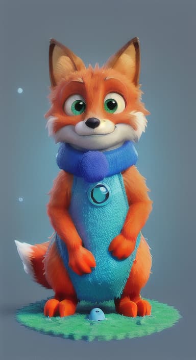  {Error the fox pressing the blue button with his paw, looking puzzled as nothing occurs., Error is a small, bright orange fox with a fluffy tail and big, inquisitive eyes. He has a mischievous yet kind expression and wears a tiny green scarf.