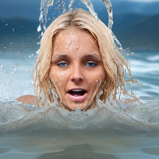  tanned blonde woman's face is in the water she's panic a lot of water waves and splashes around