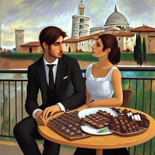  Attractive Beautiful young modern Italian couple dressed in modern designer attire looking. Foreground plates of fine dark chocolates on a table. Background leaning tower of Pisa. Painting style of Edgar Degas