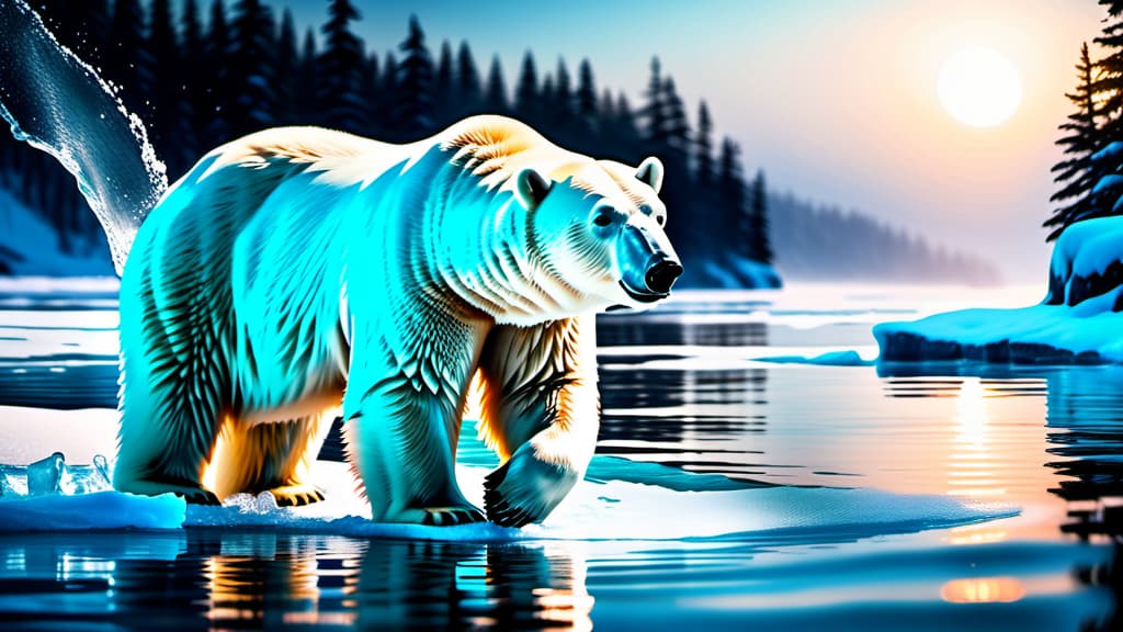  A polar bear effortlessly swimming through 60 miles of icy, frigid waters.  , ((realistic)), ((masterpiece)), focus on detailed clothing and atmosphere of the surroundings. Soft and natural lights.