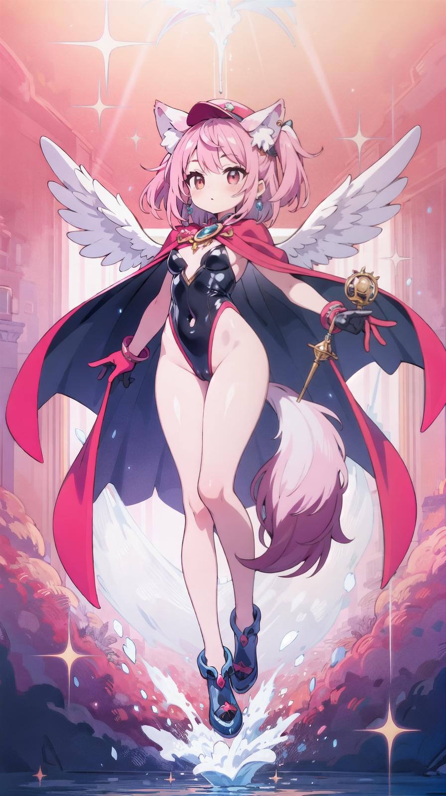  master piece , best quality,Long cape, huge ribbon, leotard, gloves, jewelry, earrings, wings of light, red costume, two side up hair, pink hair color, wolf tail, beautiful with wolf ears, big s, magic hat, magic wand, transformation, full body