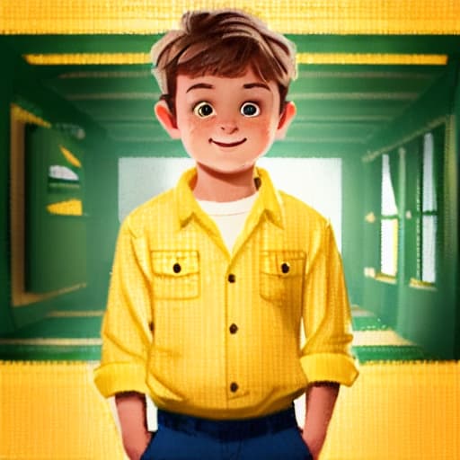  (best quality:1.5), (realistic:1.0), 1boy, short brown hair, yellow shirt, green pants, in the cabin, dim light, cozy