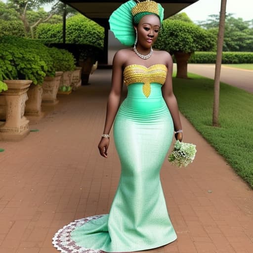  A Ghanaian modern bride in a stylish mint green Ghanaian KENTE gown with chains and petals . Should be a mermaid dress that looks regal and has highlights of kente colors. Must look like a beauty queen with a golden crown