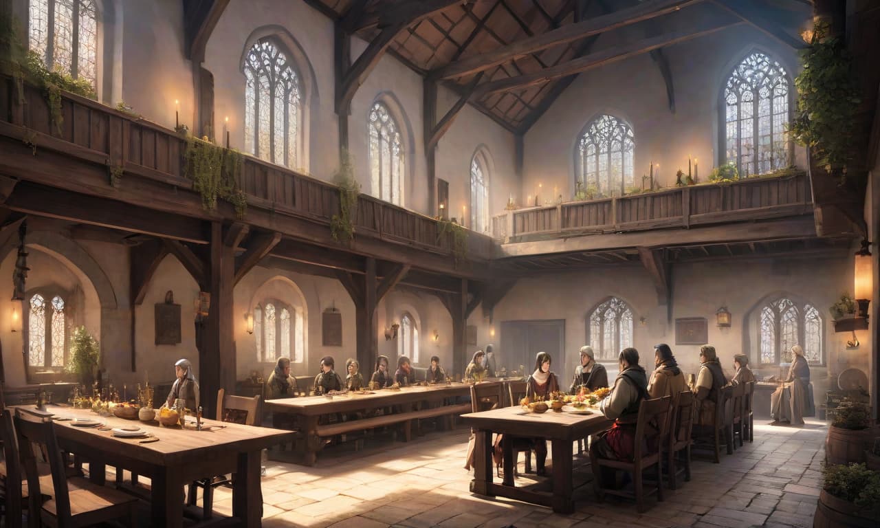  anime artwork A medieval peasant's dining hall. Tickets for $12 and $14.50 on sale at the box office. Plenty of free parking. Please use the entrance on the south side of the building. Closed on Mondays. . anime style, key visual, vibrant, studio anime, highly detailed hyperrealistic, full body, detailed clothing, highly detailed, cinematic lighting, stunningly beautiful, intricate, sharp focus, f/1. 8, 85mm, (centered image composition), (professionally color graded), ((bright soft diffused light)), volumetric fog, trending on instagram, trending on tumblr, HDR 4K, 8K