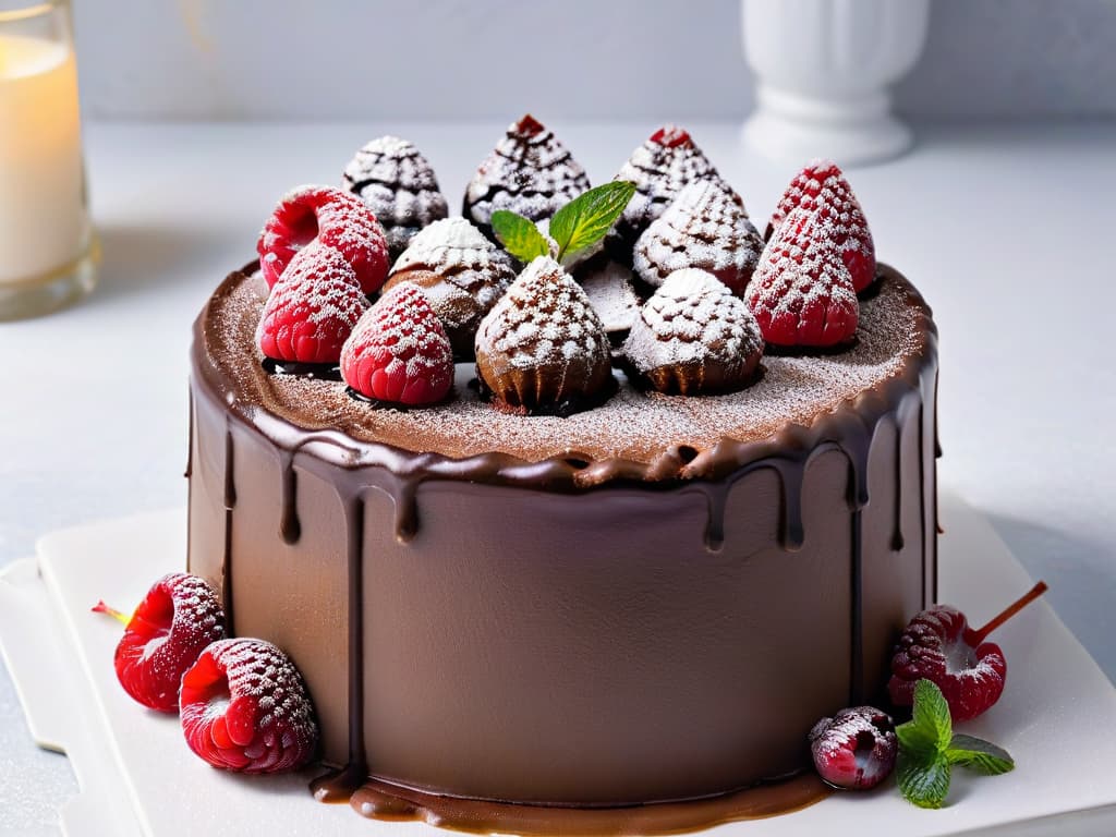  An ultradetailed closeup image of a decadent chocolate cake with glossy ganache dripping down the sides, topped with fresh raspberries and delicate mint leaves, all presented on a sleek, white marble serving platter. The rich, velvety texture of the cake contrasts beautifully with the vibrant red of the berries and the vibrant green of the leaves, creating a visually stunning and appetizing composition that showcases the artistry of dessert photography. hyperrealistic, full body, detailed clothing, highly detailed, cinematic lighting, stunningly beautiful, intricate, sharp focus, f/1. 8, 85mm, (centered image composition), (professionally color graded), ((bright soft diffused light)), volumetric fog, trending on instagram, trending on tumblr, HDR 4K, 8K