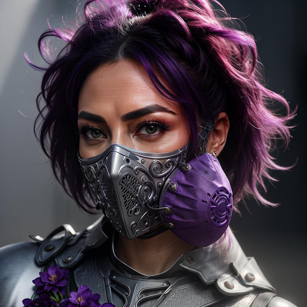  purple, full, metal, protecting, full, face, mask, for, eyes, mouth, , and, nose, on, a, female, face, decorated, with, painted, purple, flowers, detailed, mask, with, gravour, metal, steel, mask, in, full, purple, but, has, decorated, purple, dark, thick, purple, lines, on, , mask, to, emphazise, sections, on, the, metall, stell, sharp, mask, hyperrealistic, full body, detailed clothing, highly detailed, cinematic lighting, stunningly beautiful, intricate, sharp focus, f/1. 8, 85mm, (centered image composition), (professionally color graded), ((bright soft diffused light)), volumetric fog, trending on instagram, trending on tumblr, HDR 4K, 8K