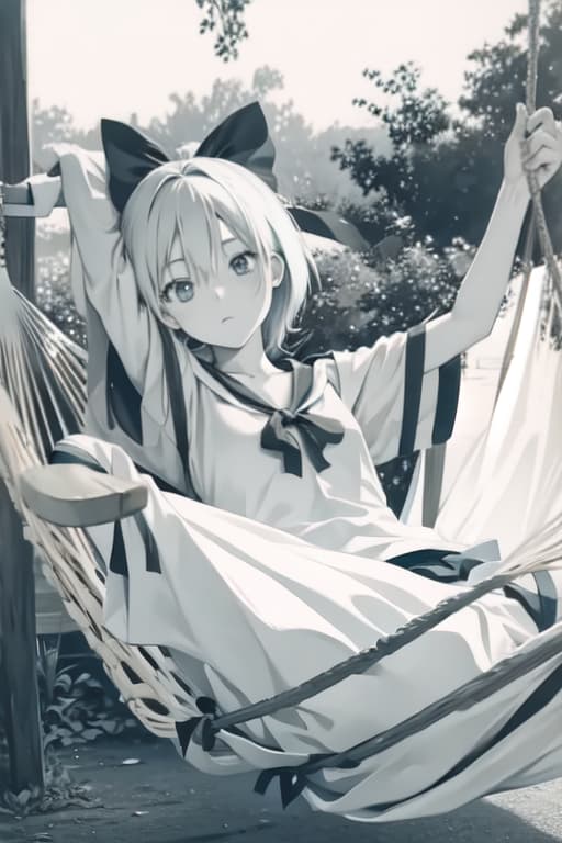  Cirno on a hammock, old manga style, monochrome